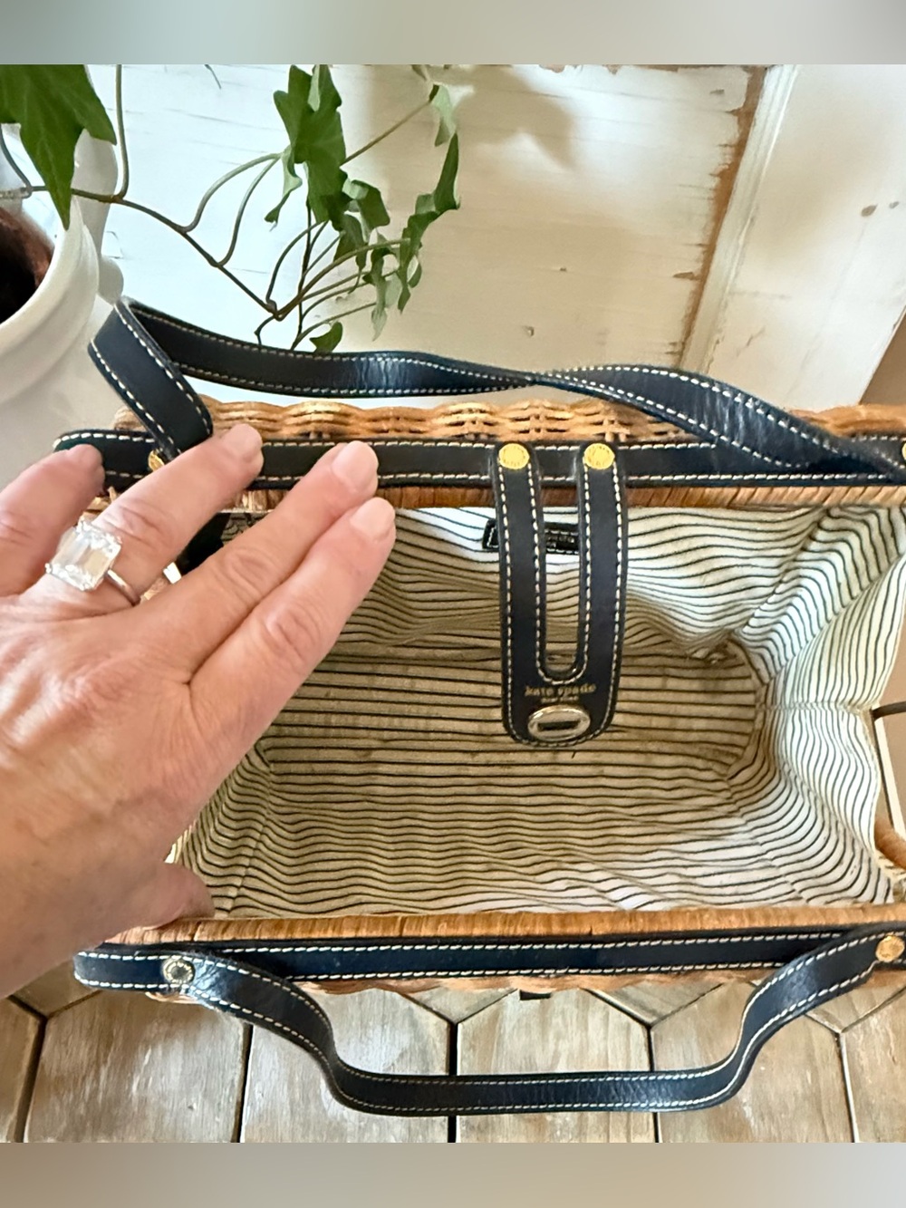 Vintage Kate Spade New York Wicker & Leather Satchel, Honey Rattan, + Dust Bag - Picture 12 of 15